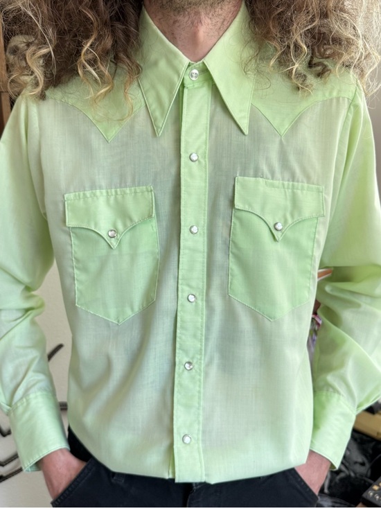 Rockmount Ranch Wear Other - Vintage 60s Lime Green Pearl Snap Semi Sheer Spear Collar Western ~ Size Medium
